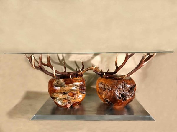 Geweih, Hirschgeweih-Deko, Wurzelholz, Teakholz, Rothirsch, Edelstahl, Geburtstagsgeschenk für Jäger, Jagdstube Einrichtung