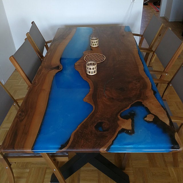 Blau Epoxid Natürliches Holz Walnuss Handmade Ess & BAR Tisch Dekor Gemacht 